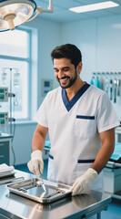 Fototapeta premium A smiling male doctor in a white medical uniform and gloves prepares surgical instruments on a metal tray in an operating room.