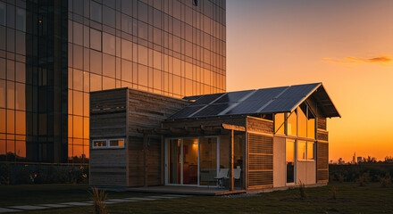 Fototapeta premium Modern Solar House with Wooden Design at Golden Hour