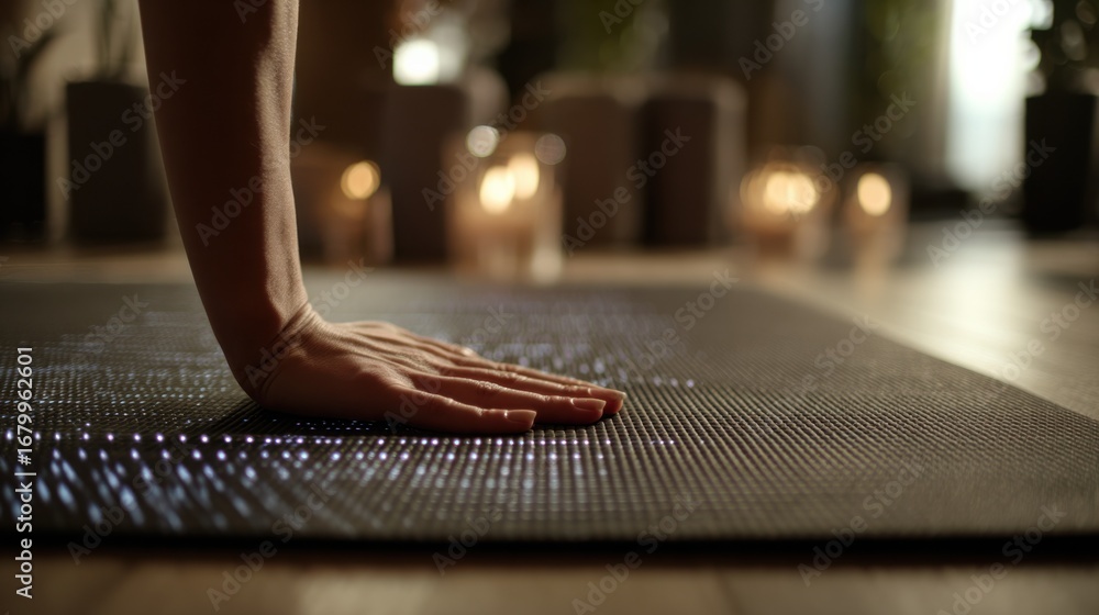 Poster crisp medium shot of a hightech yoga mat displaying intricate led posture guides beneath hands and f