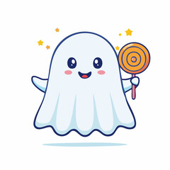 Obraz premium Adorable ghostly character waving hello while holding a big orange swirl lollipop. A cute and friendly Halloween mascot in a vector cartoon illustration style