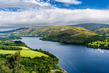 Expansive view over the blue waters of Ullswater in the English Lake District