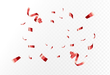  red confetti and shimmering ribbons dynamically falling, creating an exhilarating and festive atmosphere perfect for celebrations, parties, and special events with a transparent background