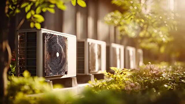 Dynamic Row of Modern Air Conditioning Units Operating Amidst Lush Greenery, Showcasing Sustainable Urban Cooling
