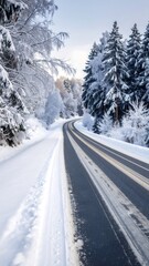 Obraz premium A winding road through a snowy forest, blanketed in pristine white, showcasing the beauty of winter.