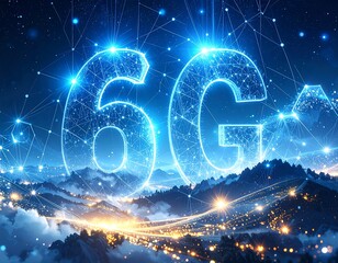 Futuristic 6G network over illuminated mountains