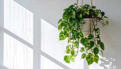 A vibrant hanging plant with variegated leaves adorns a bright white wall, showcasing sunlight filtering through a window.