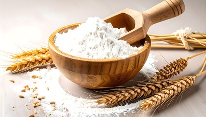 A wooden bowl filled with white flour, accompanied by wheat ears and scattered grains, displays a wholesome and natural scene.