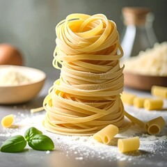 A tower of fresh pasta strands, coated in flour, sits amidst other pasta shapes and fresh basil leaves, creating a delicious culinary scene.