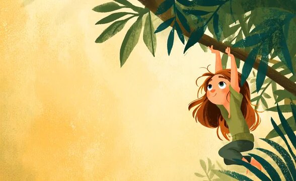 Red-haired girl swinging under jungle leaves &ndash; dreamy animated loop for children&rsquo;s content