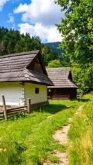 Charming wooden cottages with thatched roofs nestled in a verdant valley under a bright, sunny sky.