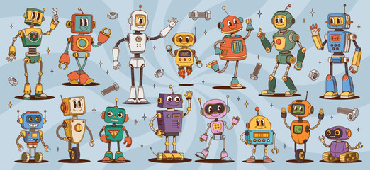 Groovy robot and droid characters. Vector set of cartoon vintage ai cyborgs with expressive faces, mechanical parts, gears, wires and antennas, evoking a playful and retro futuristic y2k vibes .