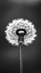 A close-up grayscale image of a dandelion seed head, showcasing intricate details and delicate structures against a dark backdrop.