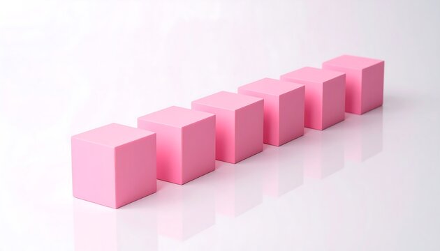 Pink cubes in a row on a white surface.  Organized geometric shapes