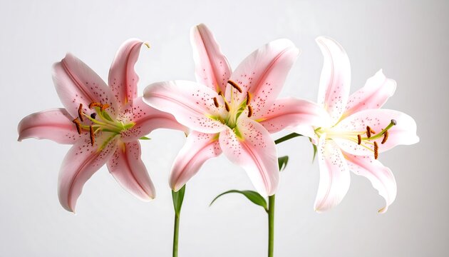 Three delicate pink lilies against a light gray background.  Close-up, studio shot