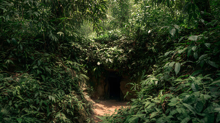 A camouflaged entrance to a tunnel, hidden within dense, lush green foliage and vegetation in a tropical forest.