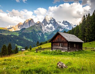 A charming wooden chalet sits nestled in a lush green valley, surrounded by towering snow-capped mountains.