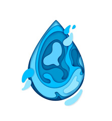 Save water paper cut banner, blue aqua drop shape. Clean water, environment and ecology paper cut vector concept, 3d backdrop. Pure liquid and blue aqua drop with splash ripples papercut background