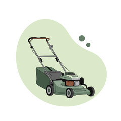 Fototapeta premium Illustration of a green push lawn mower for yard work. Vector graphic of gardening equipment for lawn care and maintenance on a simple background.