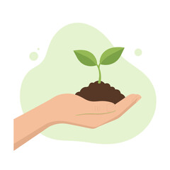 Human hand holding a small green plant sprout in soil. Concept of growth, new life, nature, and environmental care. Flat vector illustration.