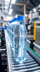 Clear plastic water bottles move along a factory conveyor belt in a modern bottling plant.