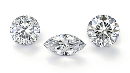 Three diamonds on a white surface showcasing round and marquise cuts with intricate facets and brilliance