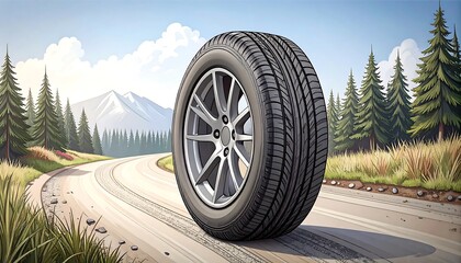 A tire on a winding mountain road, showcasing a scenic landscape and detailed design.