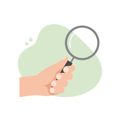Hand holding a magnifying glass, a concept for searching and investigation. Flat vector illustration isolated on a white background.