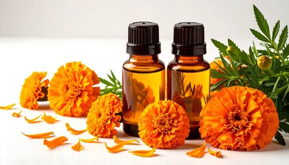 Amber-hued essential oil bottles sit amongst vibrant orange marigold blossoms on a pristine white surface, evoking a sense of natural beauty and tranquility.