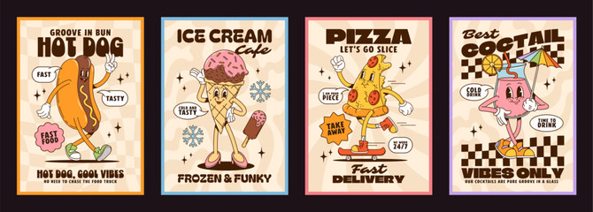 Cartoon groovy characters posters featuring retro fast food personages like dancing hot dog, ice cream cone, pizza slice or cocktail cup with playful slogans. Vector vintage comic food and drink promo