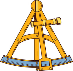 Cartoon groovy sextant with golden arc and compass details. Vector antique nautical navigation tool with rotating parts and engraved lines. fantasy pirate or corsair game object expressing exploration