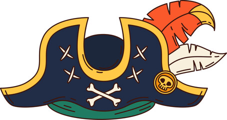 Cartoon groovy pirate hat, corsair and captain tricorn object. Isolated buccaneer, filibuster headgear, piracy costume. Vector cocked cap, seafarer headdress with feathers and jolly roger skull emblem