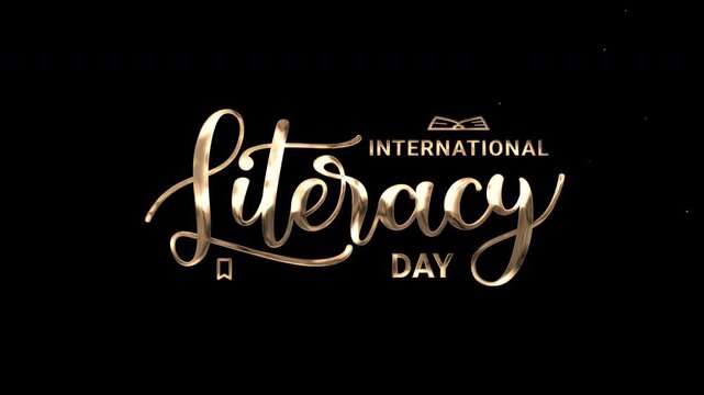 International literacy day reveal text animation with gold effect for educational projects, social media, presentations. Includes alpha channel for seamless overlay on any background.