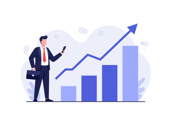 A businessman checks his phone near a rising bar graph with an upward trending arrow