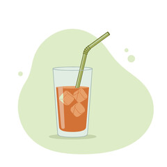 A refreshing glass of iced tea with ice cubes and a straw. A simple vector illustration of a cold summer beverage on a light green background.