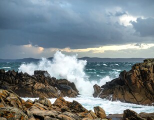Dramatic coastal waves crashing on rocks under a stormy sky