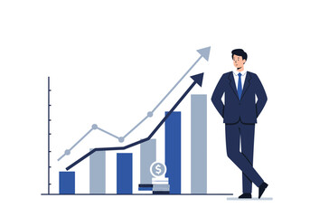 Businessman leans by a chart showing upward trends with stacks of coins nearby