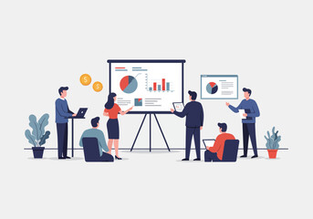 Team presenting data with charts on screen to colleagues in a meeting