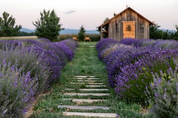 Lavender farm wooden house landscape view high resolution picture