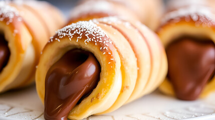 Chocolate Cream Horns: A tantalizing close-up captures the irresistible allure of chocolate cream horns, featuring perfectly crafted pastry shells filled with rich, flowing chocolate cream.
