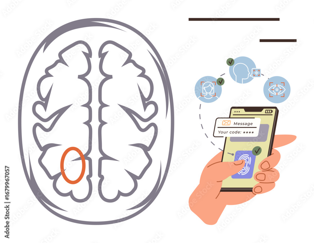 Poster brain scan with marked region, hand holding phone using fingerprint for secure access and verificati