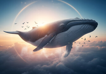 Vector illustration of an otherworldly aircraft and an airplane flying through the clouds at sunset