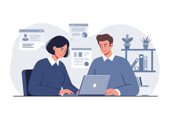 Two coworkers collaborate on a laptop surrounded by webrelated windows and office decor