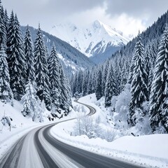 A winding mountain road, blanketed in snow, leads through a wintry forest towards snowy peaks.