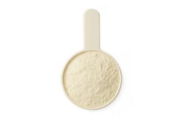 Plastic Measuring Scoop Containing Vanilla Protein Powder on Transparent Background