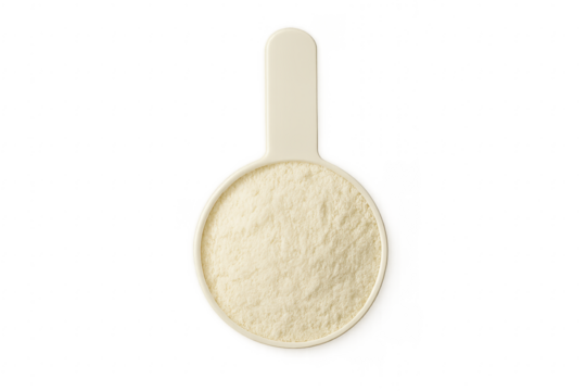Plastic Measuring Scoop Containing Vanilla Protein Powder on Transparent Background