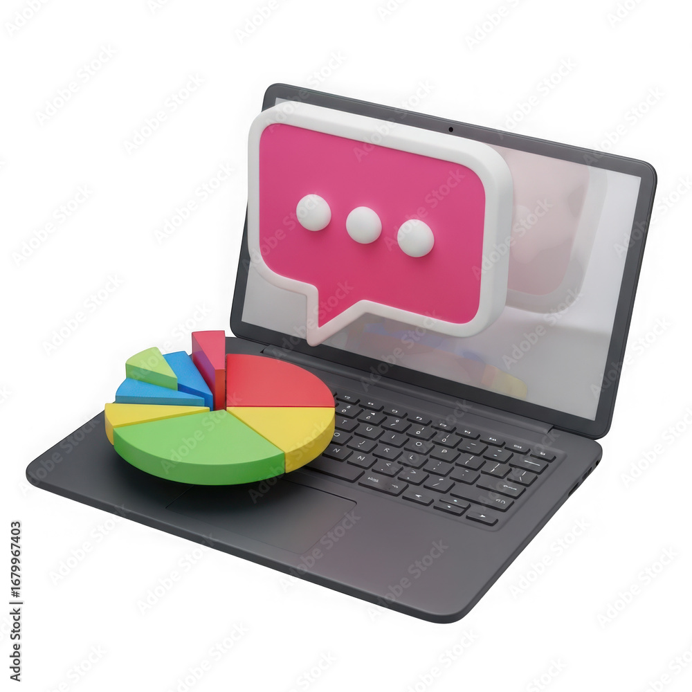 Poster 3d laptop with pie chart and chat bubble isolated on transparent background