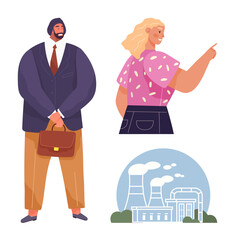 Group of professionals in business attire and casual wear with a backdrop of a smoking factory. Ideal for leadership, teamwork, industry, economy, sustainability, decision-making, business. A simple