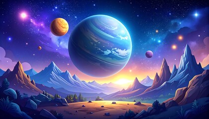 A vibrant, otherworldly landscape, featuring floating planets and majestic mountains against a starry night sky.