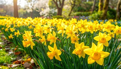 Fototapeta premium A vibrant display of bright yellow daffodils in a springtime garden, showcasing the beauty of nature's rebirth.