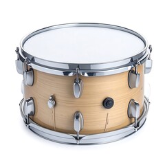 A light-colored wooden drum, with a polished metallic hoop, sits centered against a plain white background.